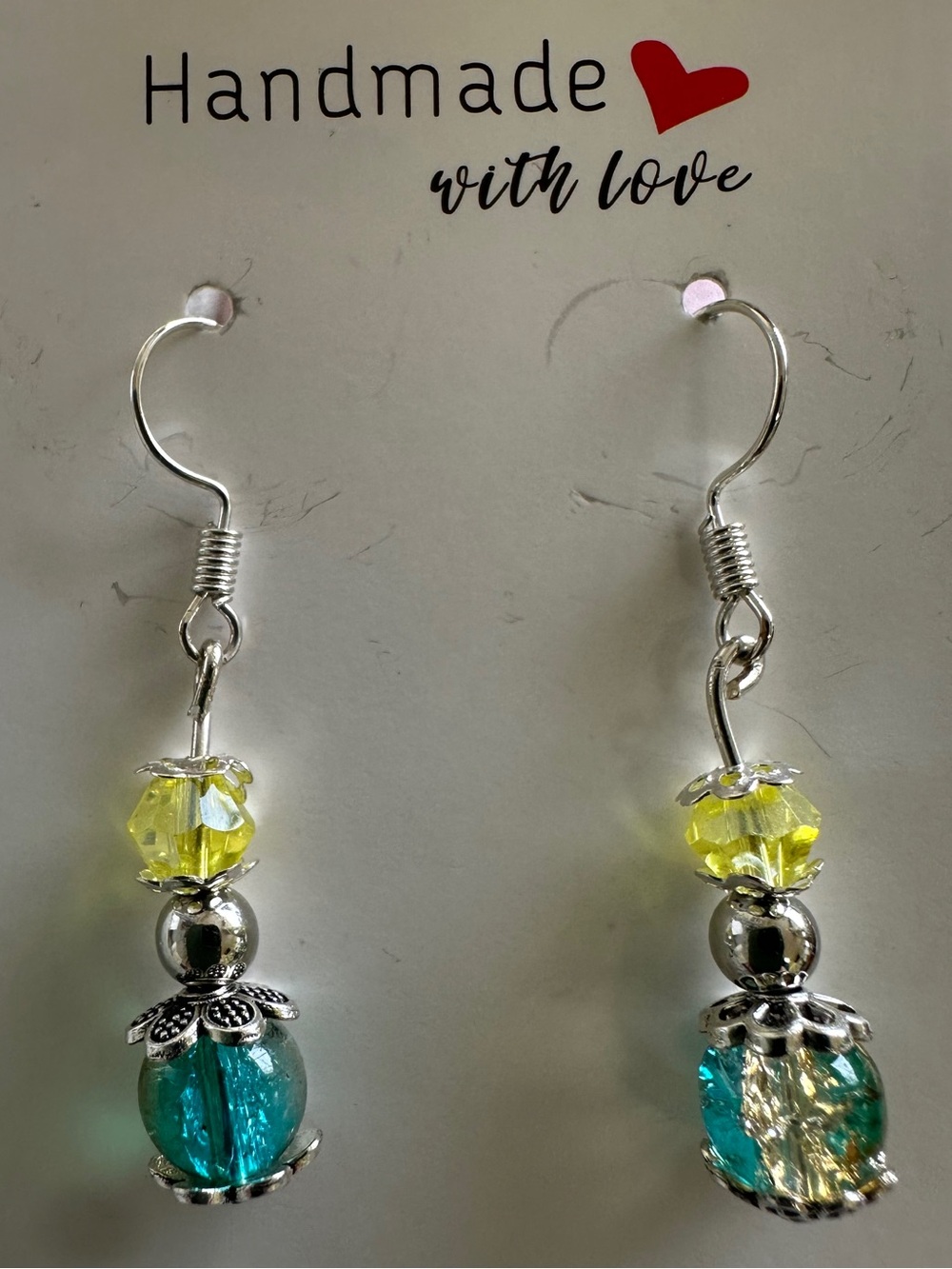 Handmade Silver-Plated Drop Earrings with Teal and Yellow ceramic & glass beads